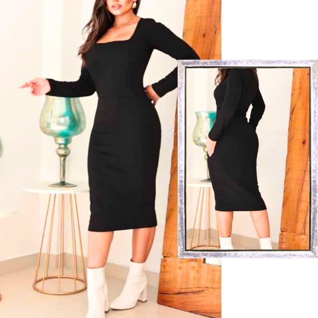 Vestido Midi Manga Longa Deconte Quadrado Canelado