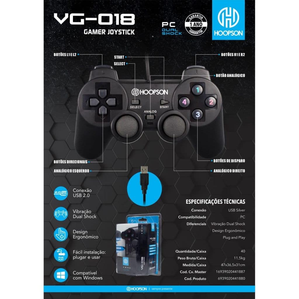 Joystick Controle USB, compatível com PC, Preto, Fio, vibração dual shock, Hoopson VG-018