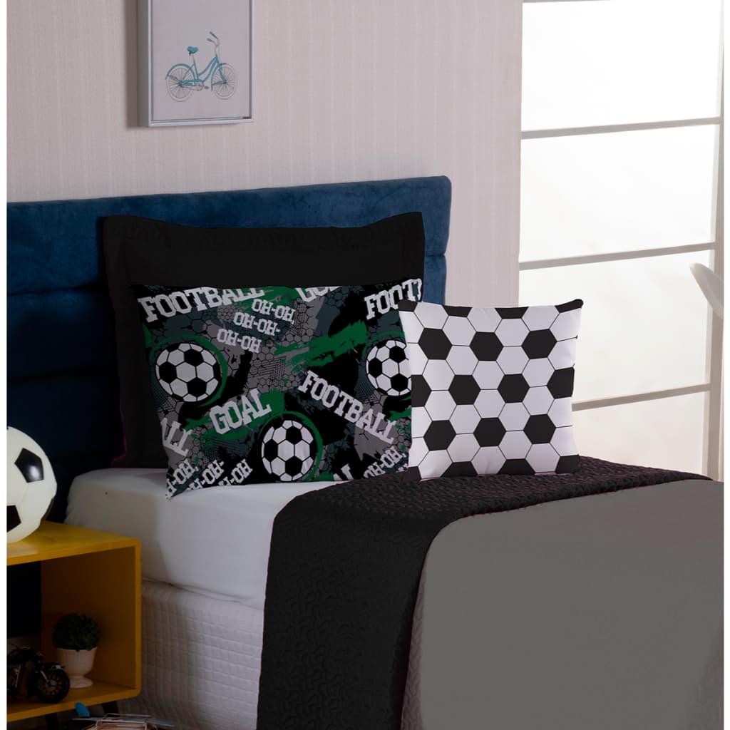 KIT COBRE LEITO DUPLA FACE FUTEBOL BRASILEIRÃO  MATELADO  CINZA E PRETO PRETO 4 PEÇAS