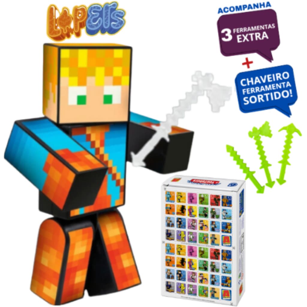 Boneco Youtuber Gamer Lopers 15cm + Ferramentas + Chaveiro + Jogo da Memória