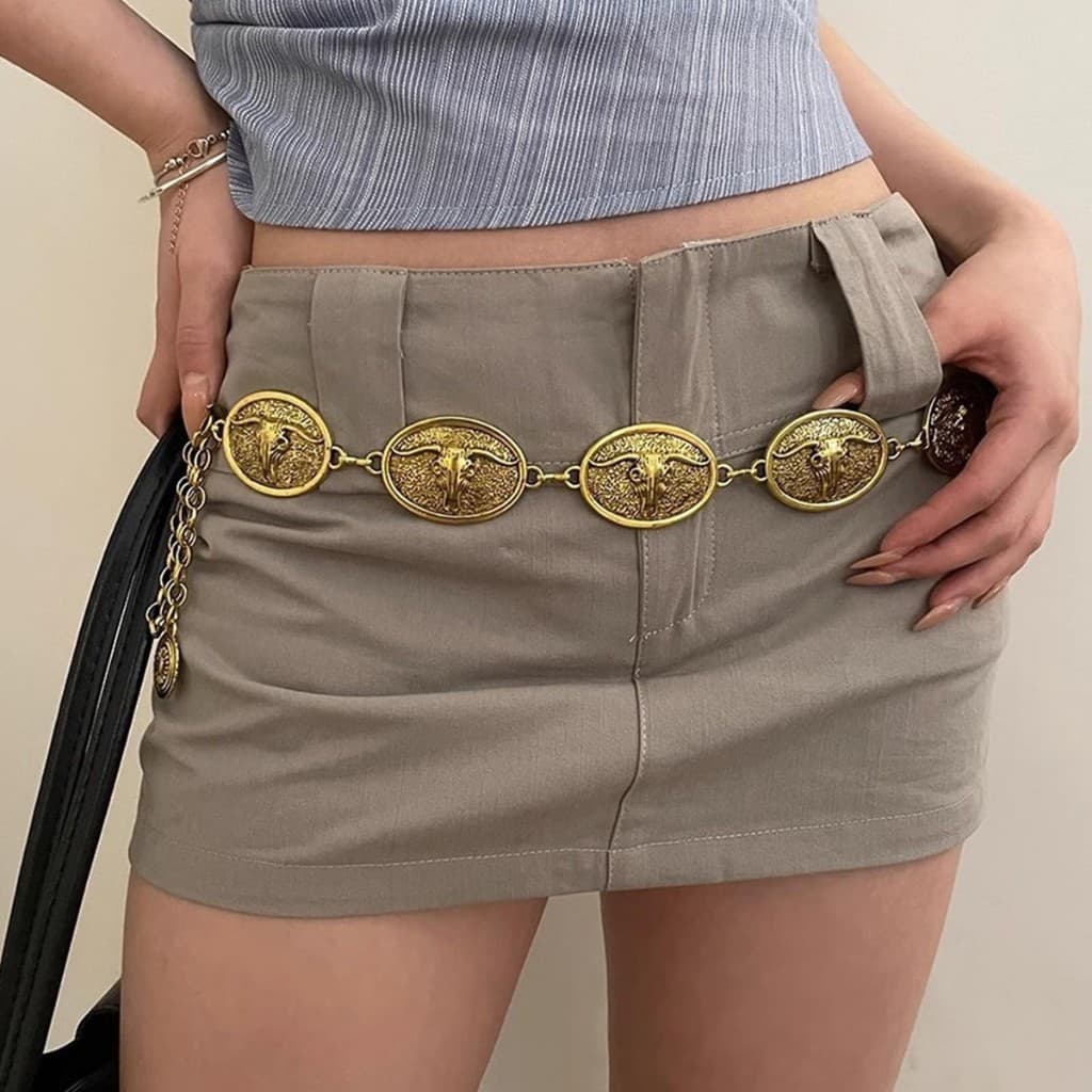 Cinto Corrente De Metal Fivela Country Touro Western Boho