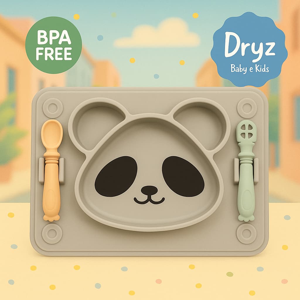 Prato Infantil Panda em Silicone com Jogo Americano e Talheres | Sucção Forte | Introdução Alimentar