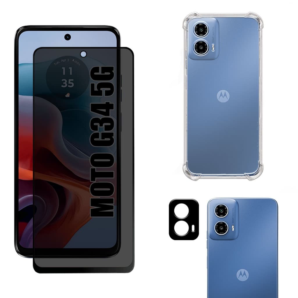 Kit Para Moto G34 5g | Película de Privacidade Fosca - Capa Anti Shock - Película da Câmera 3D