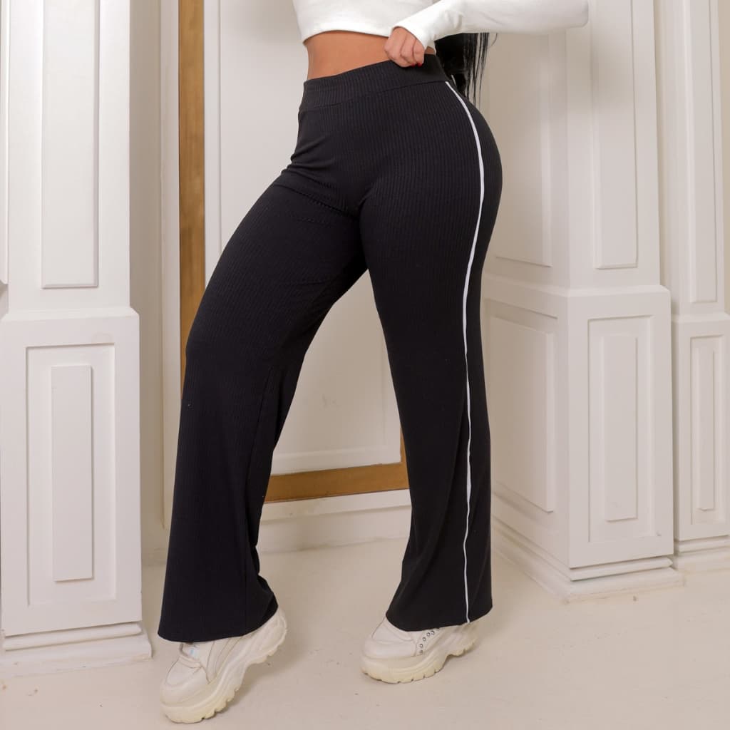 Calça Feminina Canelada Listras Laterais Algodão e Elastano Confortável Casual  Estilo Flare Reta