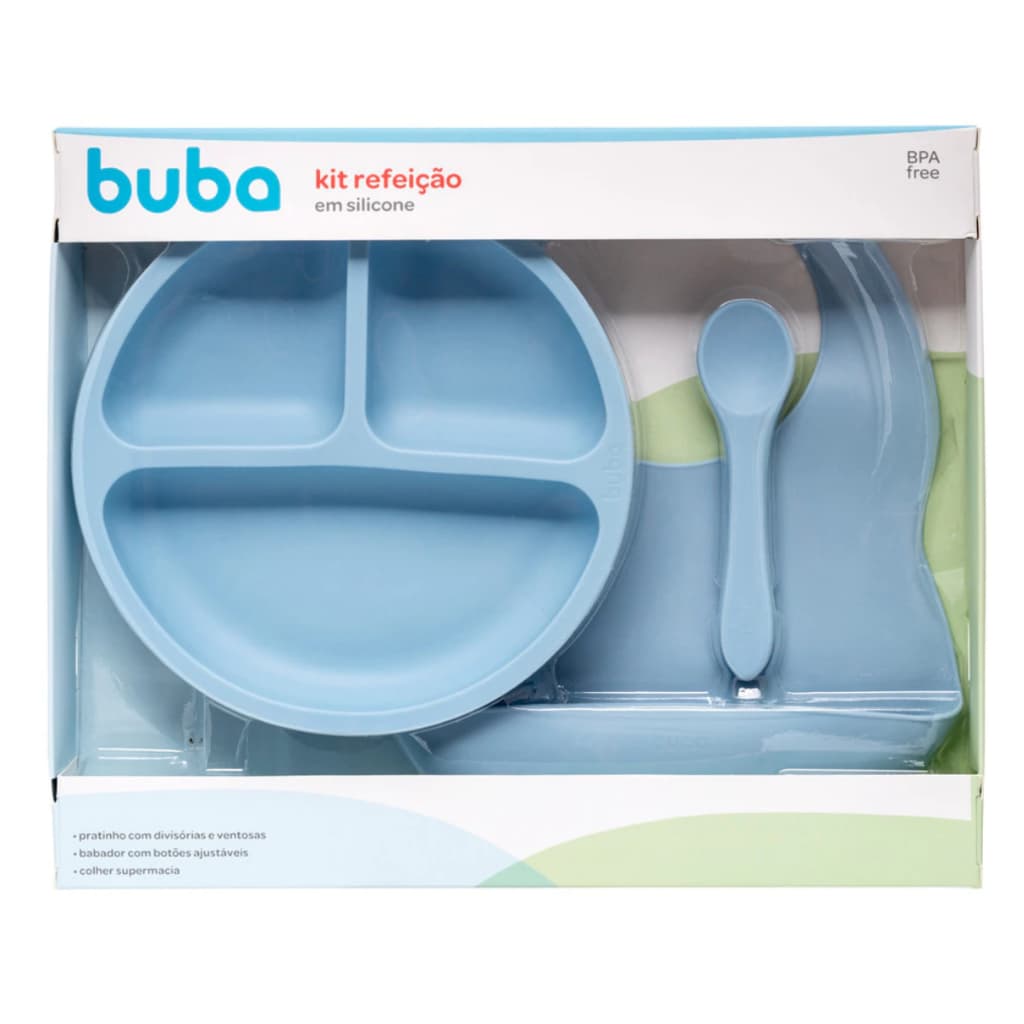 Kit Refeição Bebê Buba Silicone Azul – Prato, Tigela e Colher Antiderrapante Infantil
