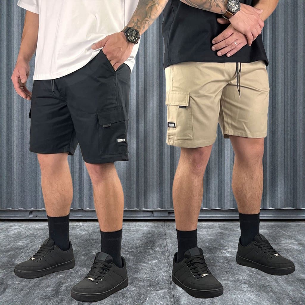 Kit 2 Bermudas Sarja Cargo Curta Streetwear Casual Slim Bolsos Laterais