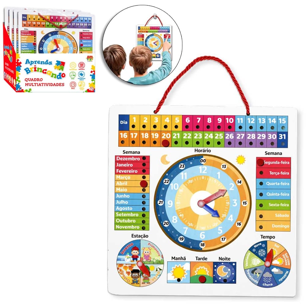 TABULEIRO DIDATICO EDUCATIVO COM RELOGIO + DIA / MES / SEMANA E 4 PINOS DE MADEIRA