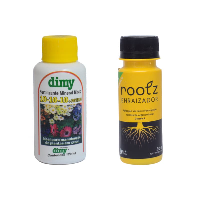 Kit 2 Fertilizante Líquido NPK 10-10-10 Dimy 120ml + Fertilizante Enraizador Rootz Organico 60ml