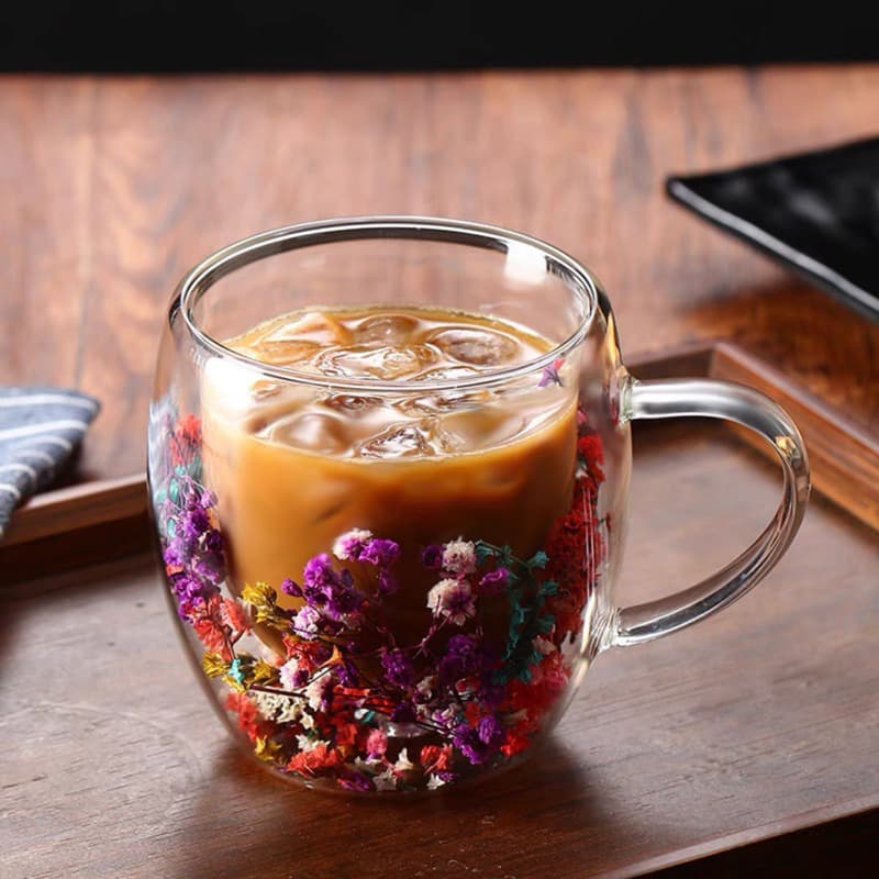 Kit 2 Xícara Caneca de vidro duplo com flores artificiais no interior 250ml