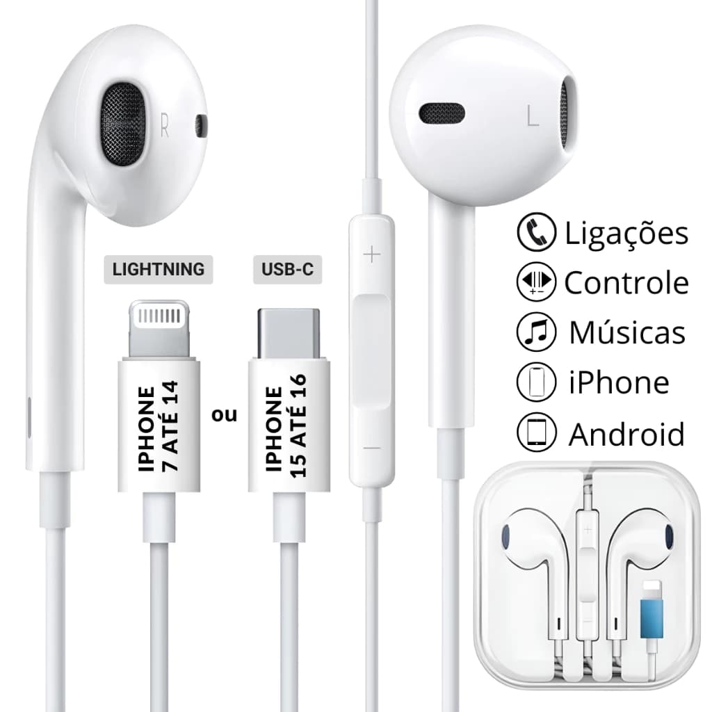 Fone De Ouvido Lightning e Tipo C Bluetooth Para Celular Iphone  11 12 13 14 /Android