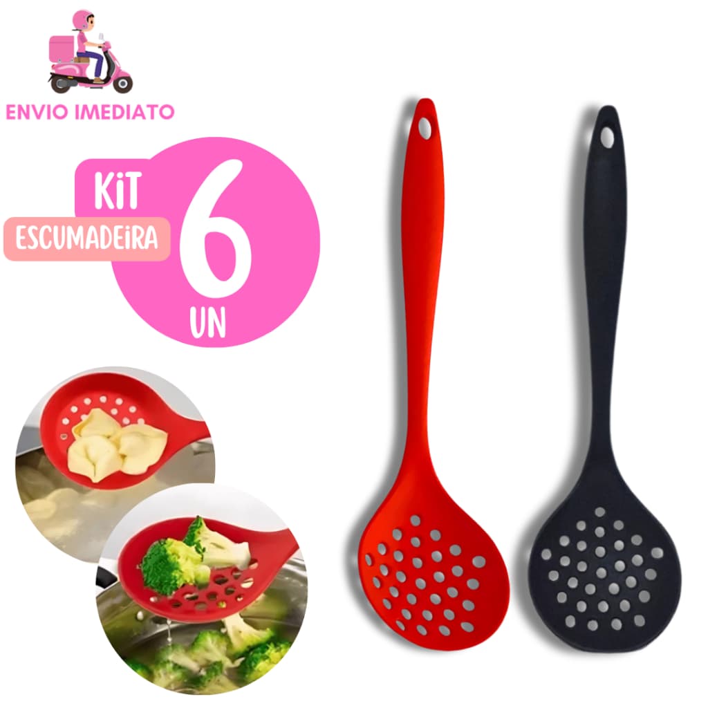 Kit 6 Escumadeira de Silicone  para Arroz Colher Vazada Furada Escumadeira Utensilio Cozinha Casa Restaurante