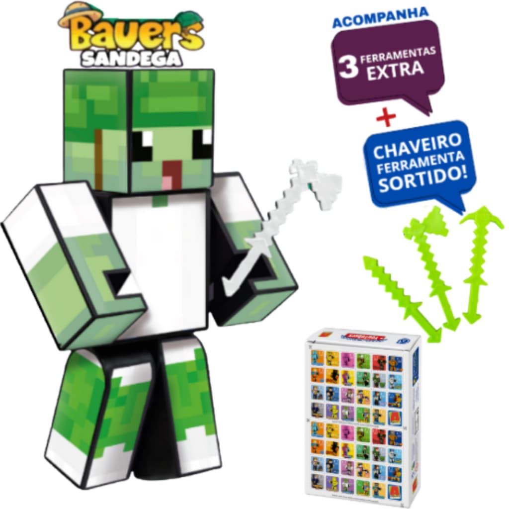 Boneco Youtuber Gamer Sandega Bauers 15cm + 3 Ferramentas + Chaveiro + Jogo Memória