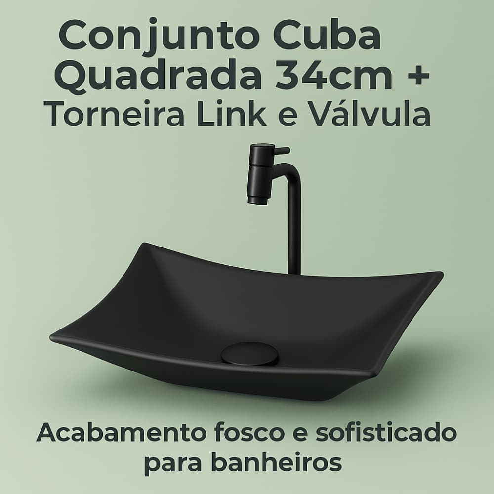 KIT CUBA PIA DE VIDRO P/ BANHEIRO QUADRADA 34CM + TORNEIRA LINK E VÁLVULA CLICK INCLUSA CORES FOSCAS