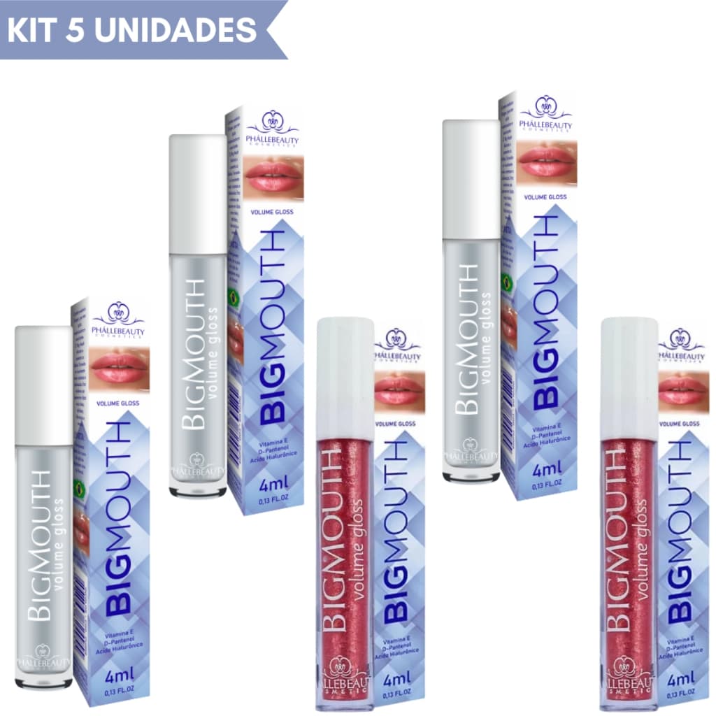Kit 5 Gloss Labial Big Mouth Bolzani Phallebeauty – Volume Imediato, Hidratação e Brilho Intenso Gloss Bolzani
