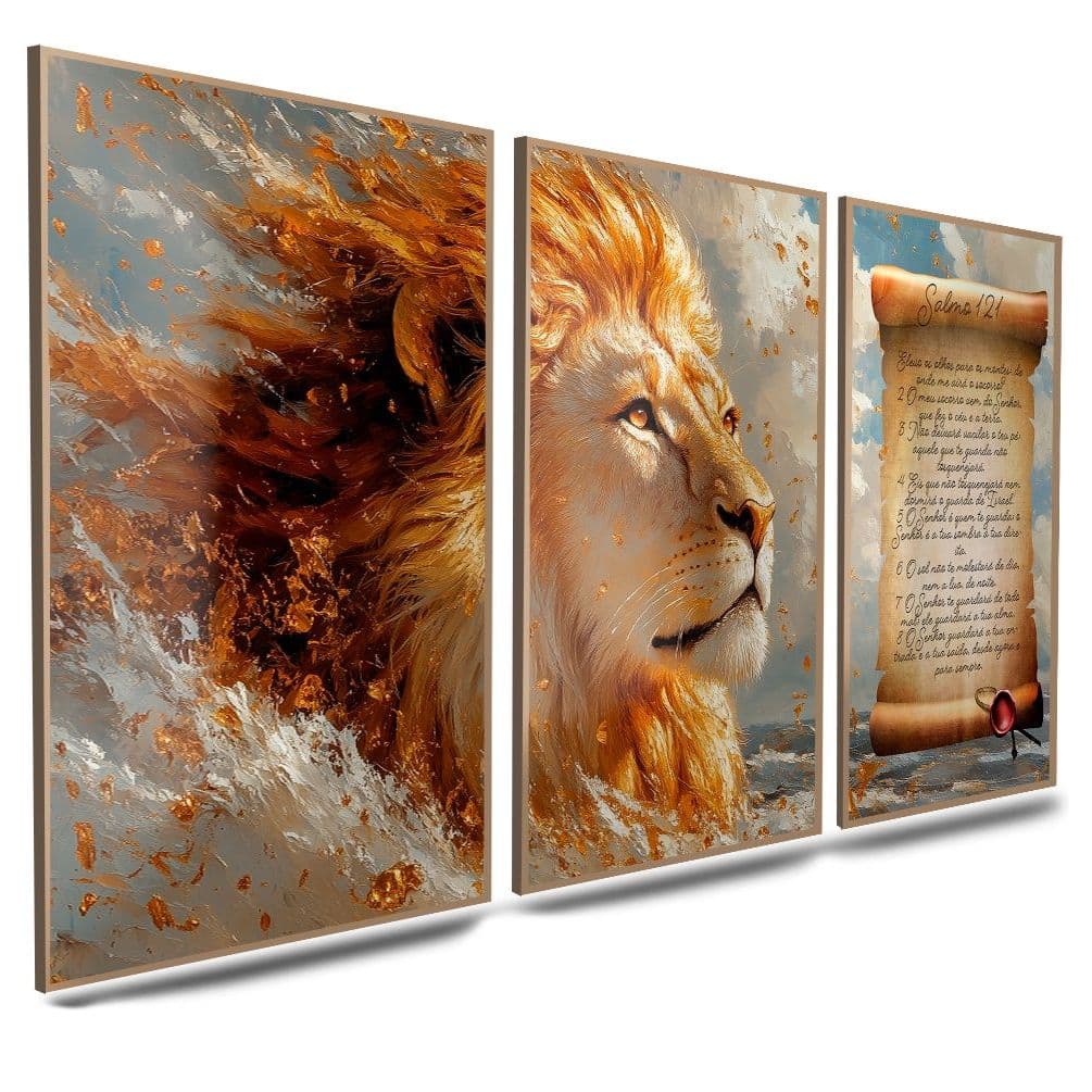 Quadro Leão De Judá Fé em Chamas e Silêncio de Ouro Salmo 121 Estilo Abstrato Religioso