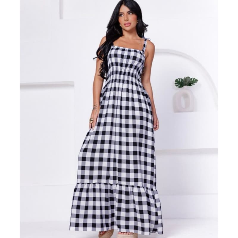 Vestido Feminino Xadrez Quadriculado Longo Preto Vermelho