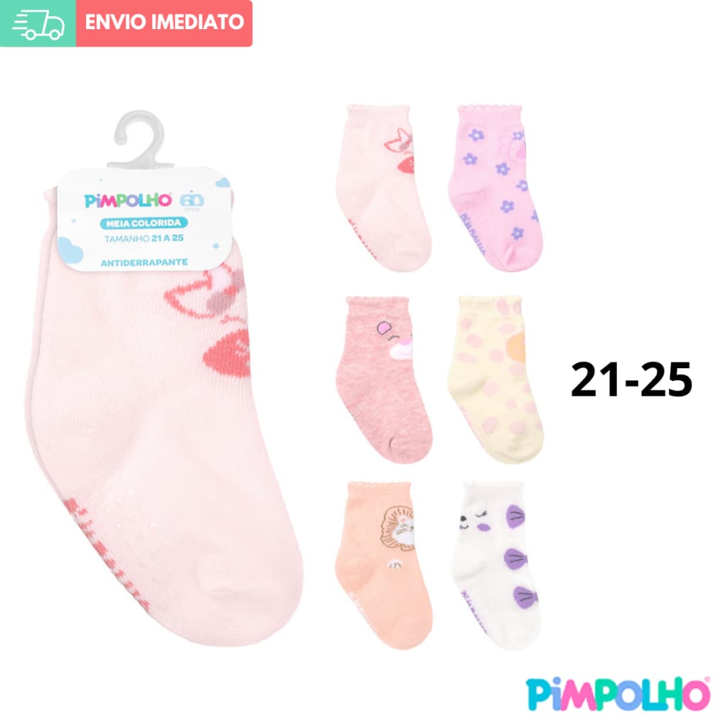 Meia Infantil 21-25 Colorida Cano Alto Antiderrapante Pimpolho