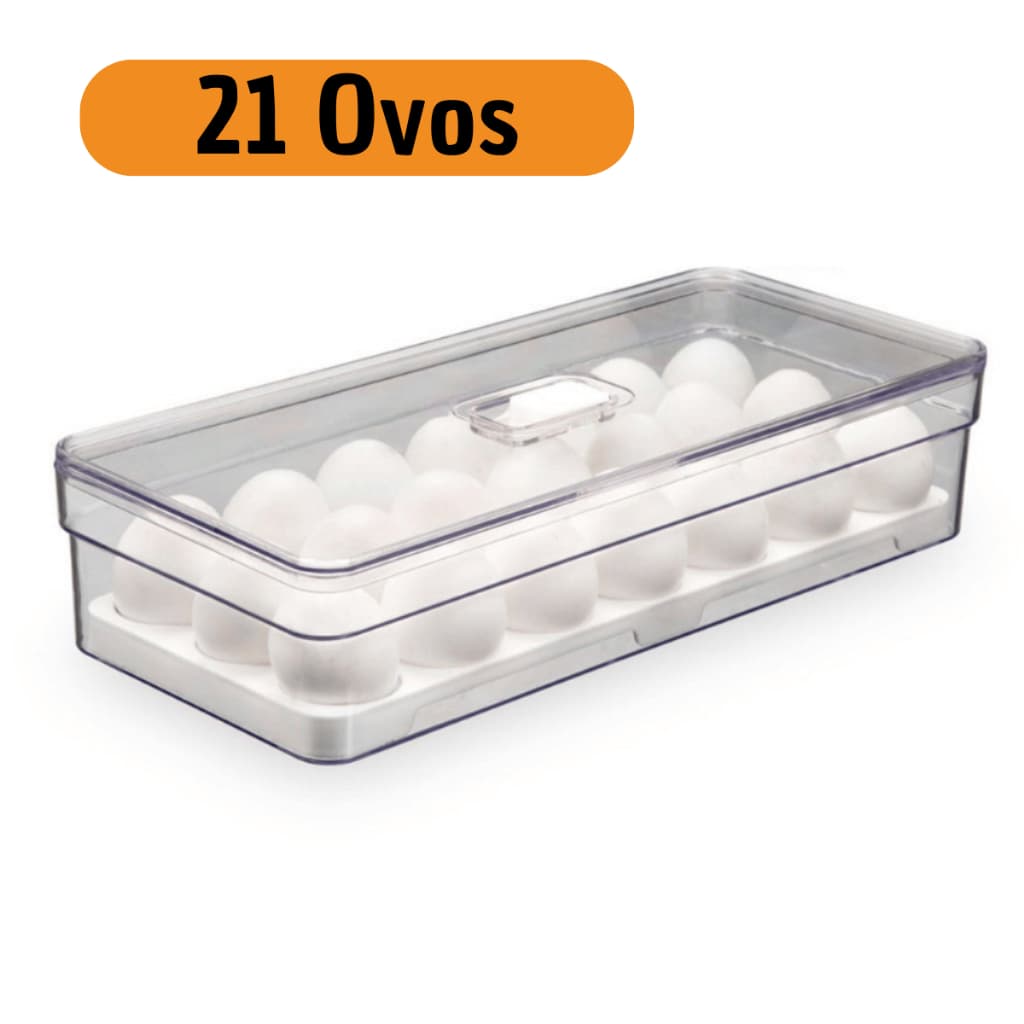 Porta Ovos 21un Organizador de Geladeira Acrílico Tampa com Respiro Acrílico Armário Cozinha