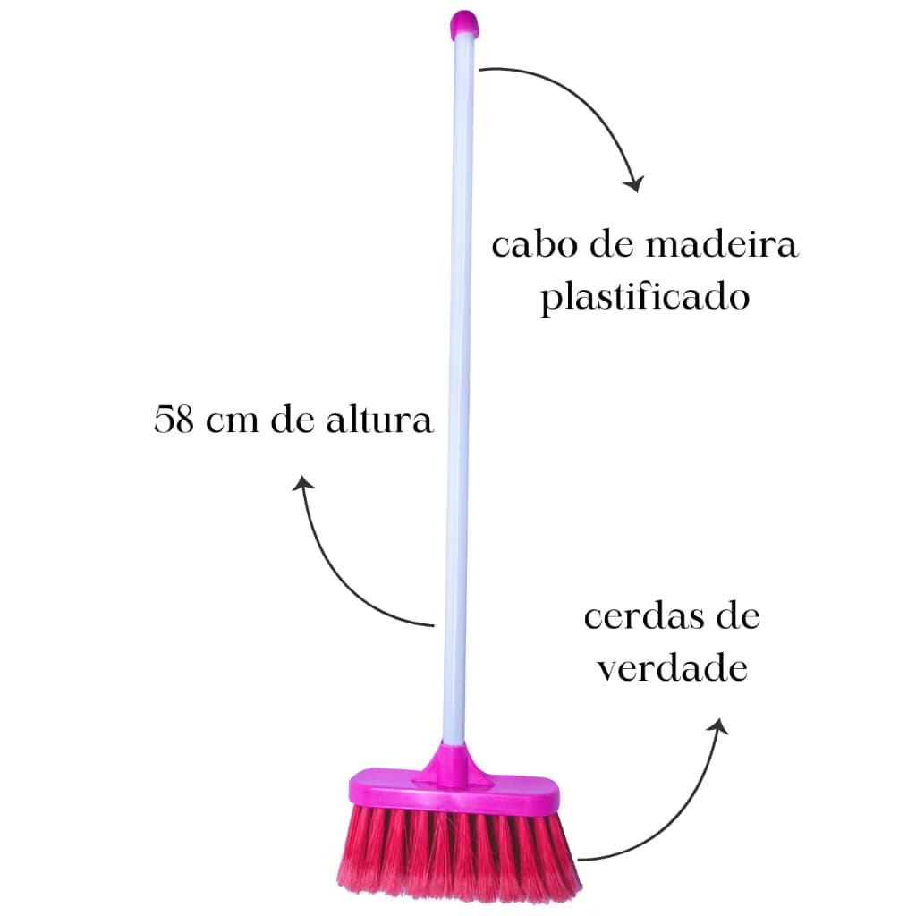 Brinquedo Educativo Menina Vassoura, Rodo, Pá de Limpeza Infantil Rosa Brincar de Casinha