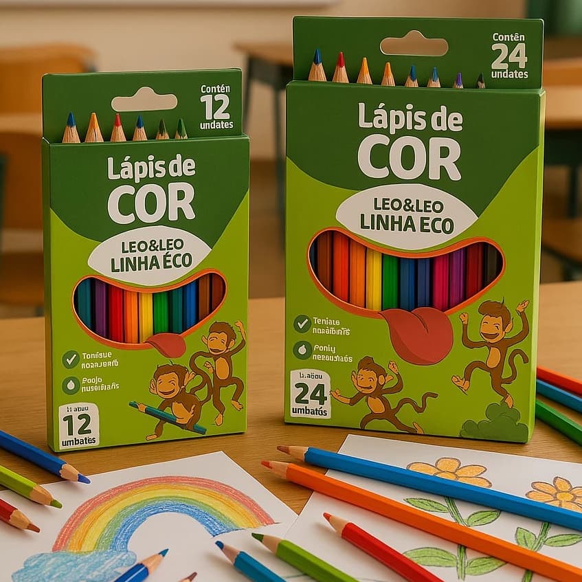 Lápis de Cor Escolar Caixa com 12 e 24 Cores Sextavado Leo&Leo