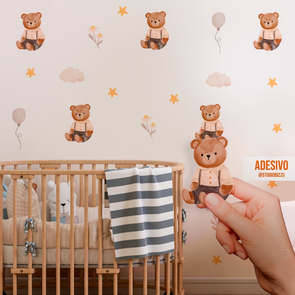 Adesivos de Parede decoração infantil 80 Ursinhos e Balões em Aquarela