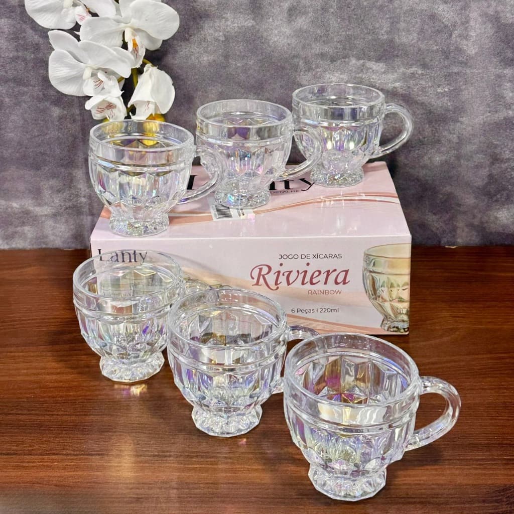 Jogo de Xicaras 6 Unidades Riviera Vidro Ambar Fruta Rainbow Cristal Brilhante Luxuoso Rose 220ML