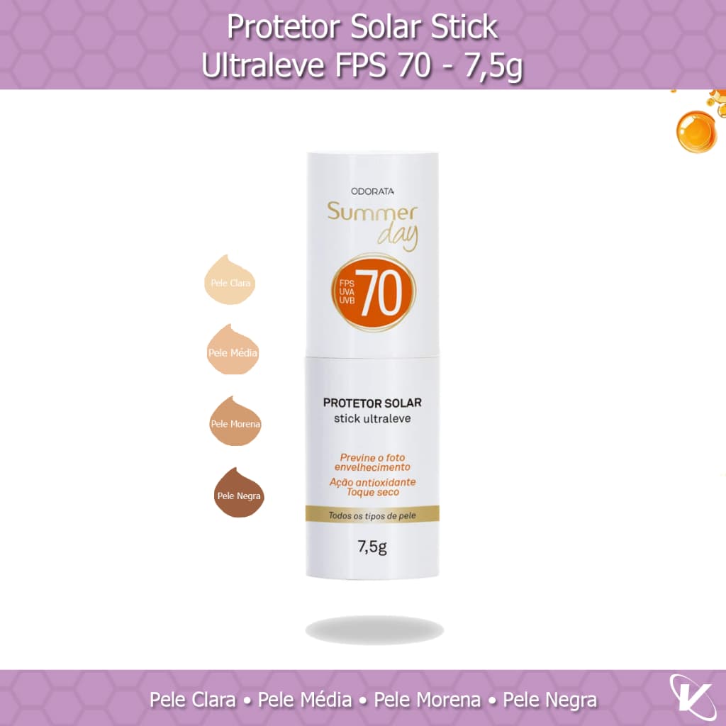 Protetor Solar Stick FPS 70 Pele Clara, Média, Morena ou Negra 7,5g - Summer Day Odorata