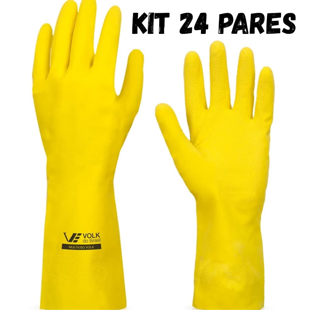 Kit 24 Pares De Luvas Látex Proteção Multiuso Limpeza Louça Forrada Jardinagem Paisagismo Volk Do Brasil Amarela