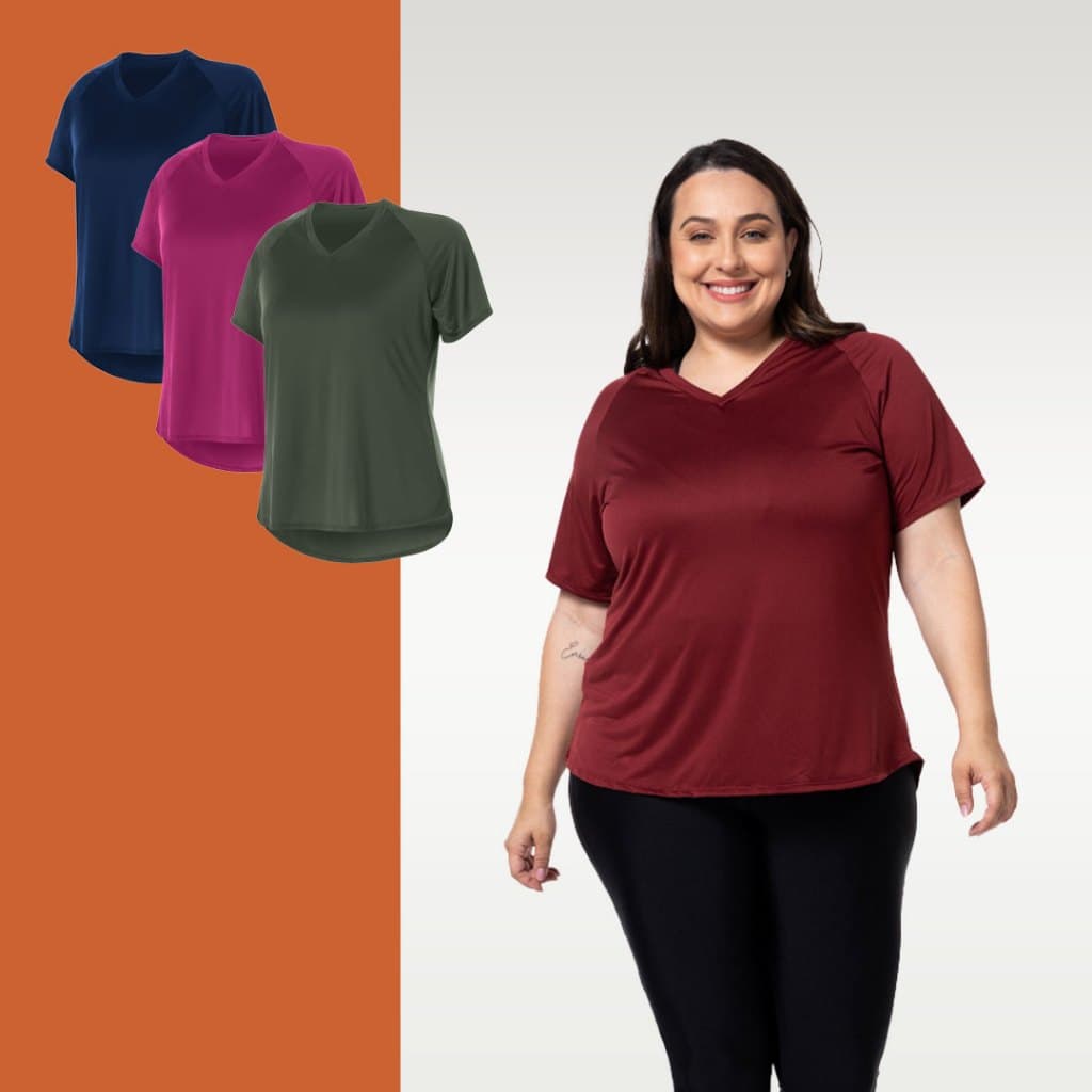 Kit 3 camisetas plus size fitness feminina tapa bumbum academia dry fit