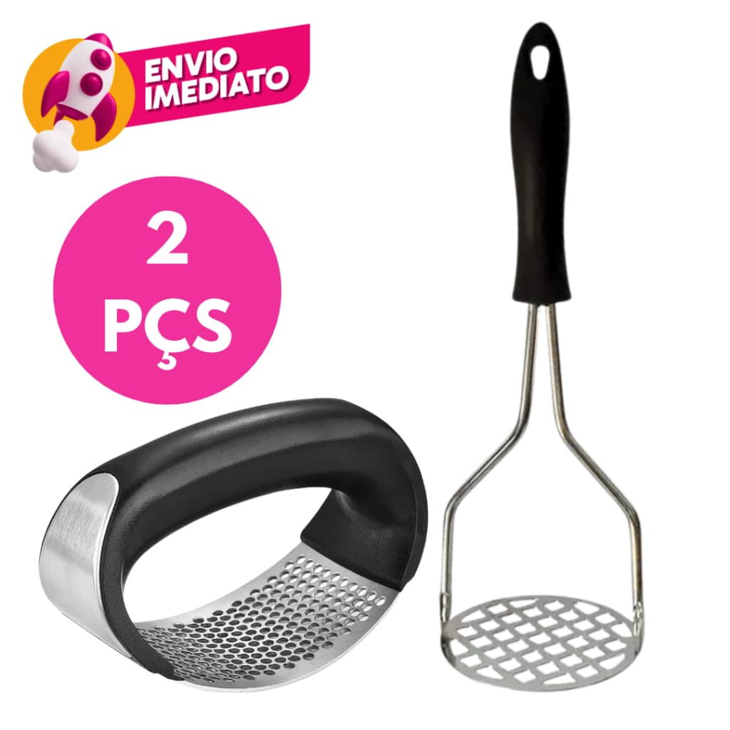 Kit 02 Itens: Amassador Espremedor Triturador Alho E Amassador Batatas Inox Esmagador Manual