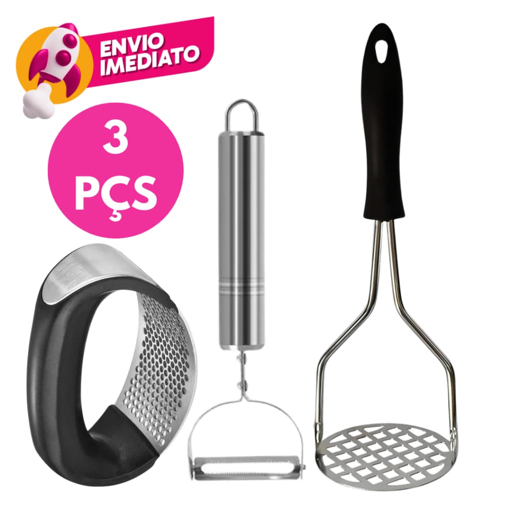 KIT 3 Pç: Amassador Espremedor Batata Descascador Legumes Frutas Amassador Alho Manual Inox Cozinha