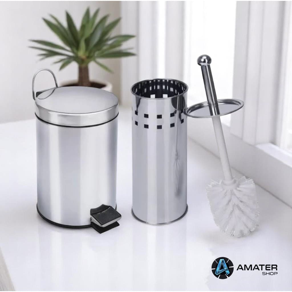 Conjunto Kit Lixeira de Aço Inox 3 Litros com Pedal Cesto Removível Escova Sanitária e Suporte