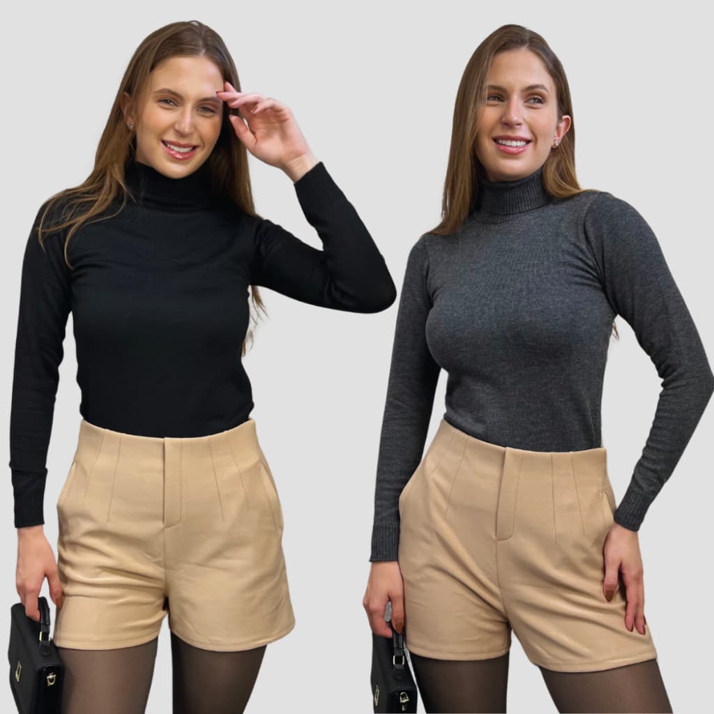 Kit 2 Blusa de Frio Feminina Tricô Gola Alta Suéter Casaco Tricot Lã Elegante