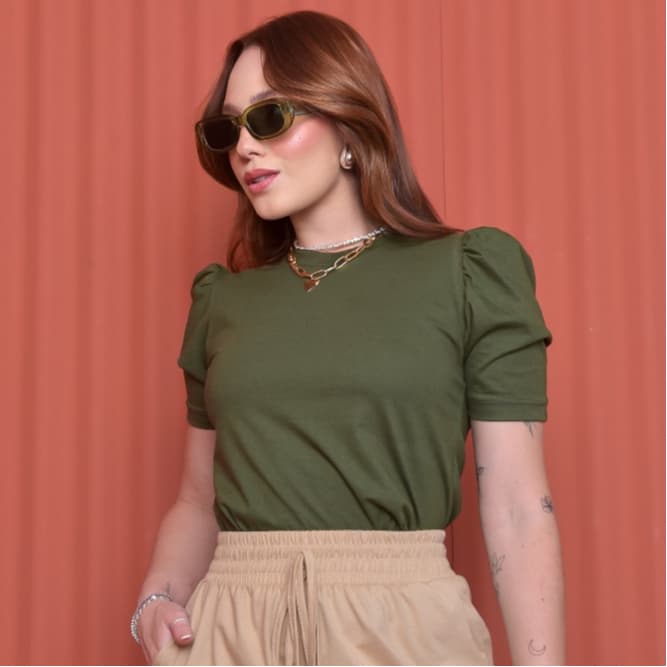 Blusa feminina bufante Manga princesa lisa básica 100%algodão blusa marrom moda evangélica