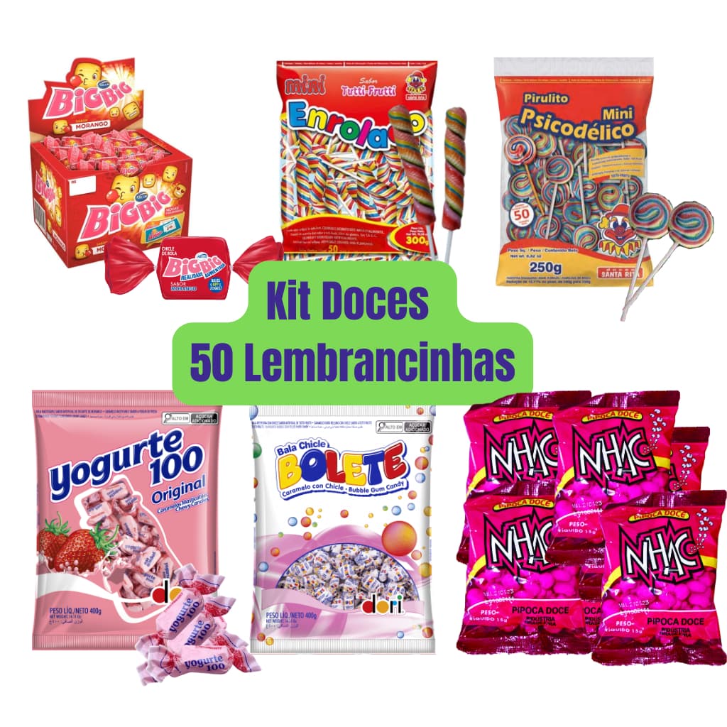 Kit Festa Aniversário Infantil 6 Doces - 50 Sacolinhas Surpresa - Bala Pirulito Chiclete Pipoca