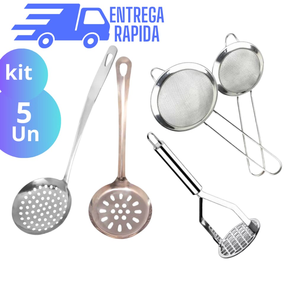 KIT 5 UTENSÍLIO DE COZINHA ESCUMADEIRA 32 CM ESCUMADEIRA 25 CM AMASSADOR BATATA PENEIRAS 10 E 16 CM AÇO INOX