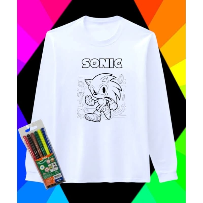 kit Camiseta mágica de pintar manga longa + Estojo de canetinhas 6 cores