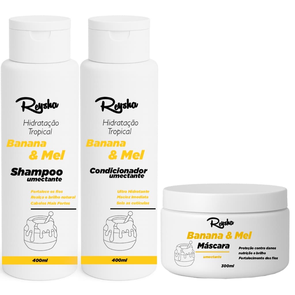 Shampoo + Condicionador + Máscara, Banana e Mel – A Dupla Perfeita 👩‍🦱 Ideal para Cabelos Secos e Danificados