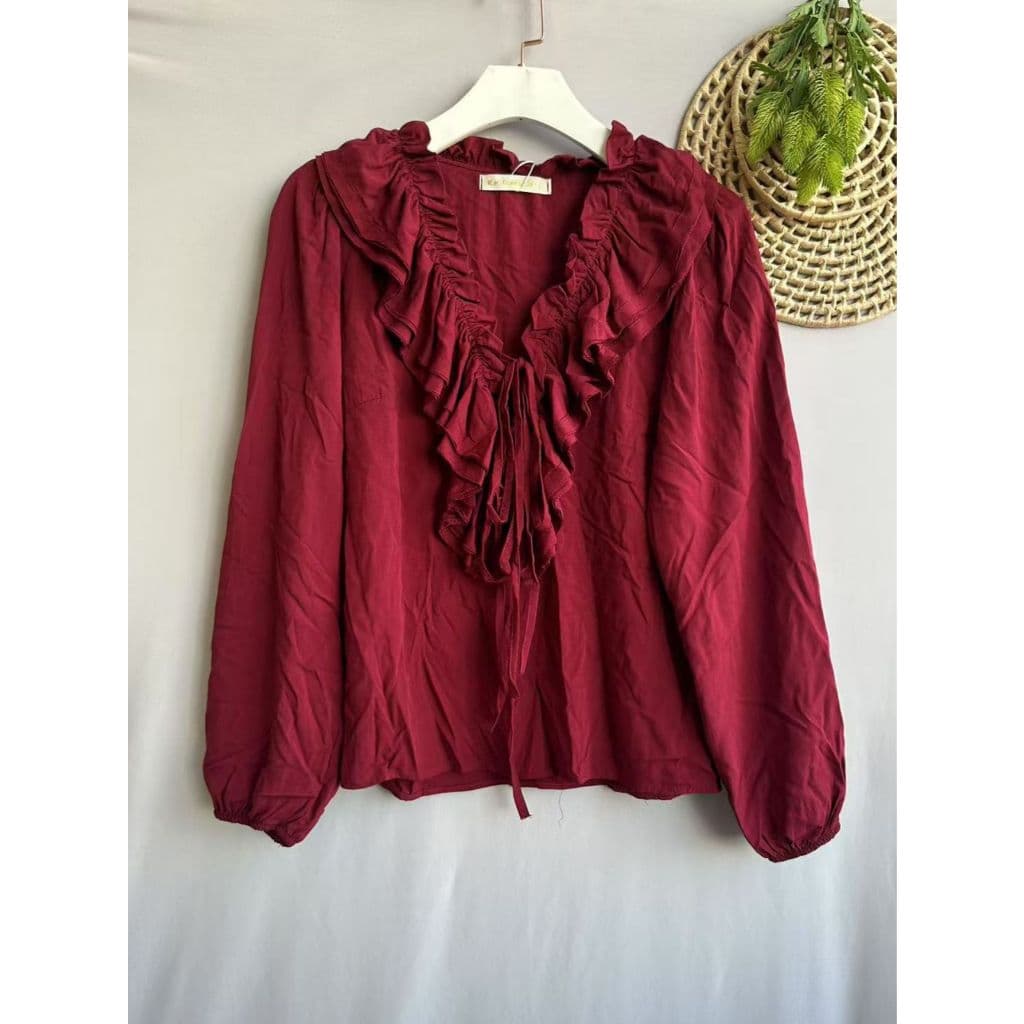 Blusa feminina de manga comprida com babados, cor sólida, outono e inverno viscose