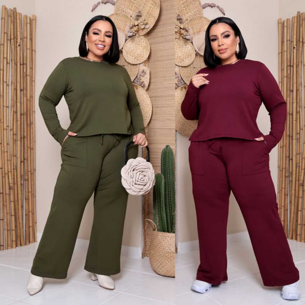 Conjunto Feminino Plus Size Moletinho Calça e Blusa Inverno G1 G2 G3