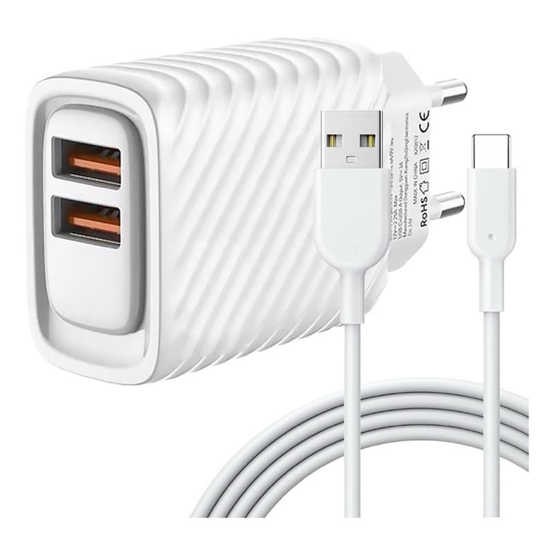 Fonte Carregador Rápido 2 Entrada Usb 3.1a Turbo Inova Com Cabo Tipo C Cor Branco 1 Metro