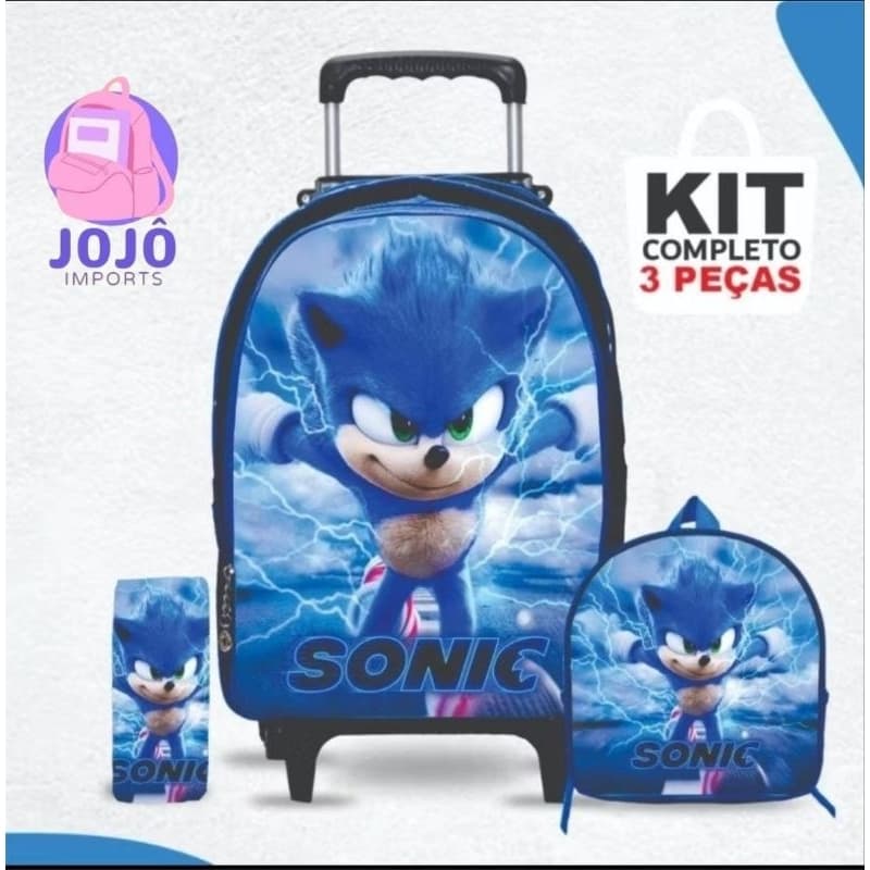 Kit mochila escolar Sonic com lancheira e Estojo - Carrinho com Rodinhas - Menino - Masculino