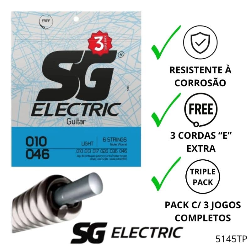 Pack com 3 Corda SG 010 Níquel para Guitarra Encordoamento Tensão Leve Kit com 3