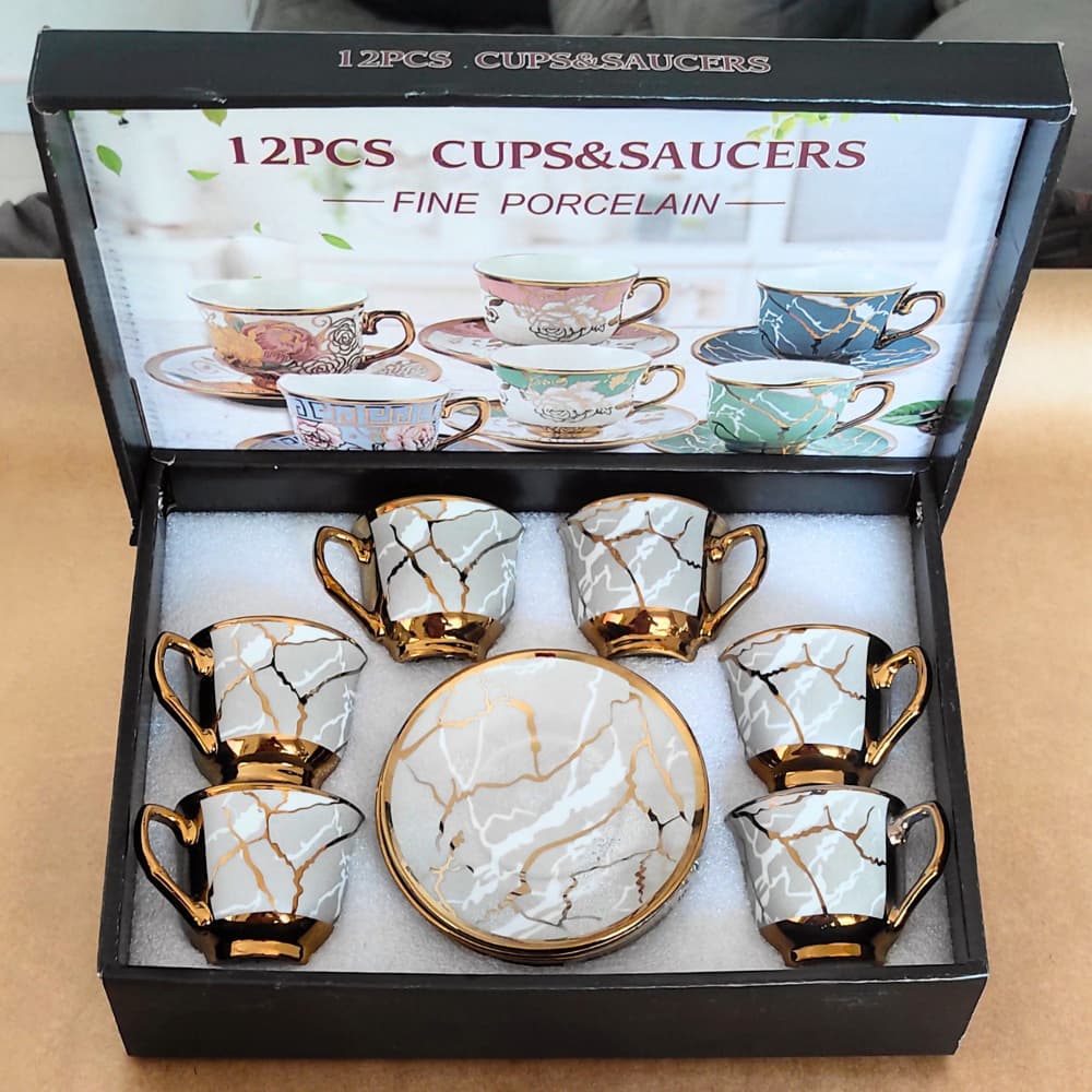 Conjunto Xícara de Café Ouro 6 Peças Porcelana Chinesa Cafezinho Expresso Para Presente