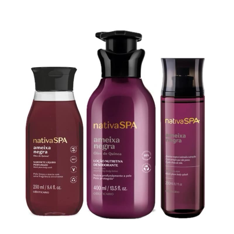 Kit Nativa Spa Ameixa Negra: Loção Corporal 400ml + Sabonete Líquido 250ml + Body Splash 200ml
