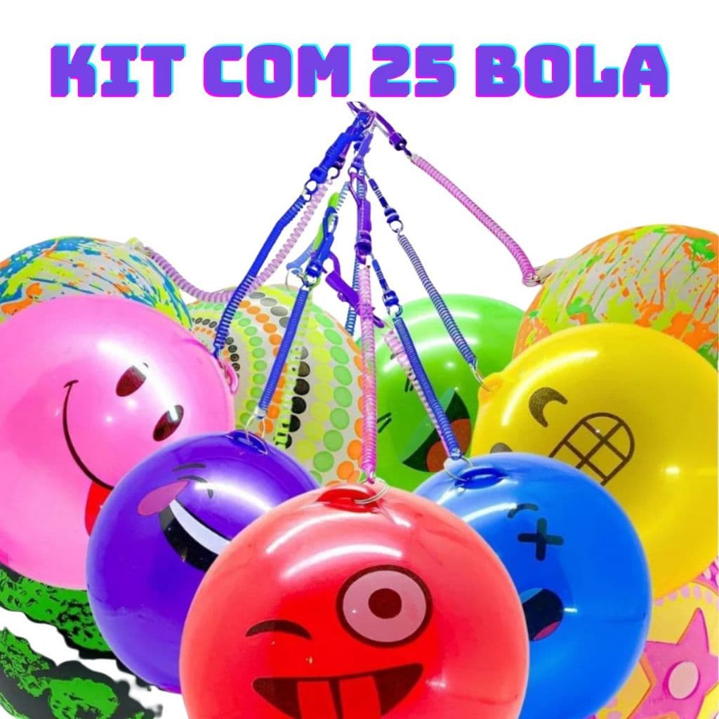 Kit com 25 Bolas de Vinil Borracha Poing Poing com Cordao Mola 23cm Brinquedo Bolas Infantis
