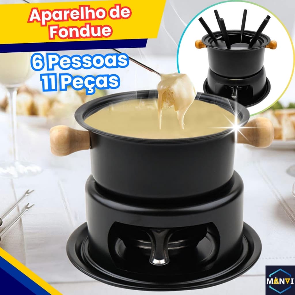 Kit Aparelho Fondue Chocolate Queijo Jogo 11 peças Completo 6 Pessoas Jantar Dia dos Namorados Casal