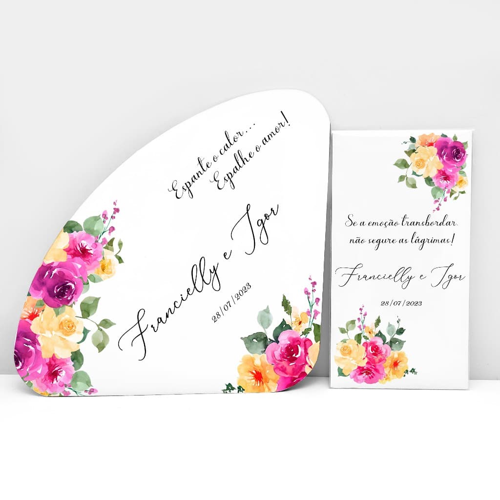 Kit Lágrimas de Alegria e Ventarola Leque para Casamento Personalizado Fuscia Pink Rosa (9 dias úteis de produção)