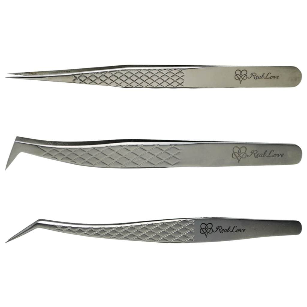 Kit Pinça Real Love para Extensão de Cílios Fio a Fio e Volume Russo - Aço Inox, Ponta Fina e Curva