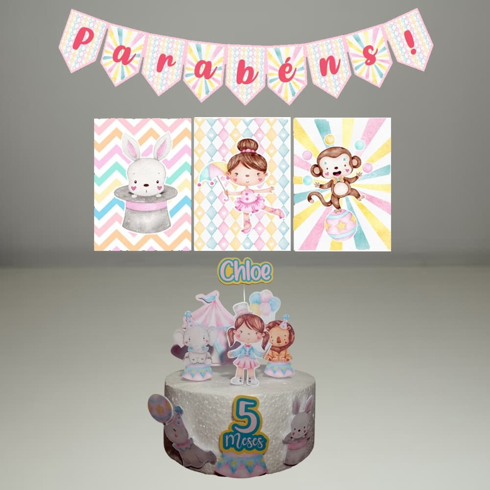 Kit Festa Circo Rosa Personalizado - Aniversário/Mêsversário com Topo / Topper de Bolo + 3 Quadros A4 + Bandeirinha